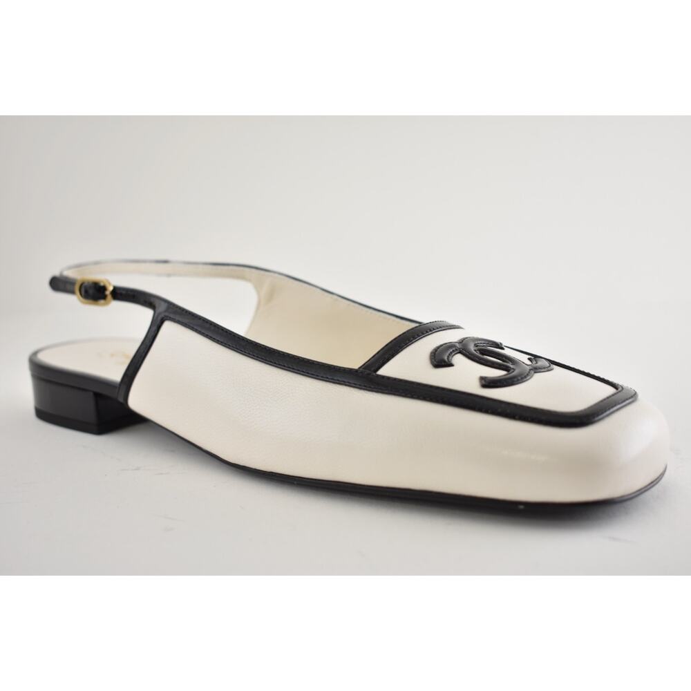 Chanel 26B White Black Square Toe CC Logo Slingback Ballet Ballerina Flat 39 - Picture 8 of 16